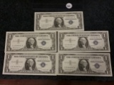 Five Crisp Uncirculated 1957-B Silver Certificates