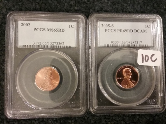 PCGS 2002 MS-65 RD and 2005-S Cent PR 69 DCAM