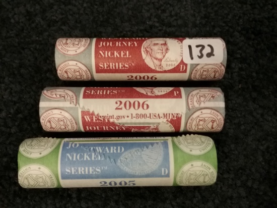 Three Brilliant Uncirculated Mint Wrapped nickel rolls