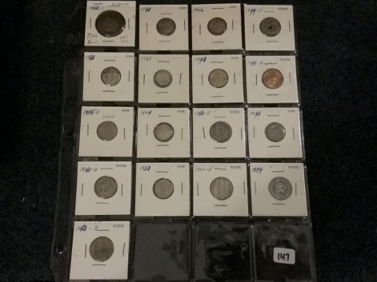 Sheet of foreign coins with at least 5 silver coins