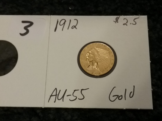 GOLD 1912 $2.5 Quarter Eagle in AU-55