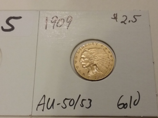 GOLD 1909 $2.5 Quarter Eagle in AU-50/53