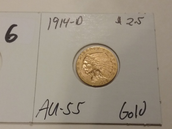 Gold 1914-D $2.5 Quarter Eagle in AU-55