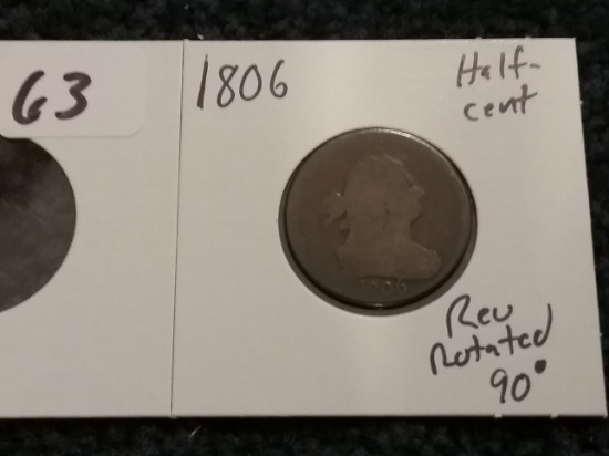 1806 Draped Bust Half Cent with a roughly 70% rotated reverse