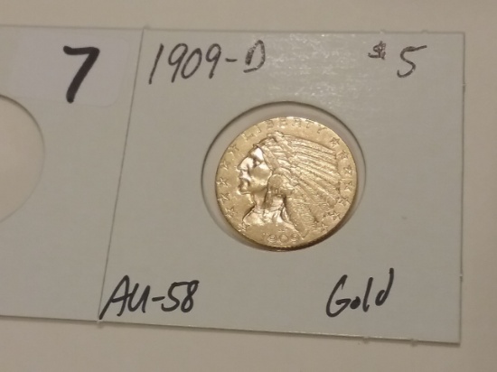 GOLD 1909-D $5 Half Eagle in AU-58