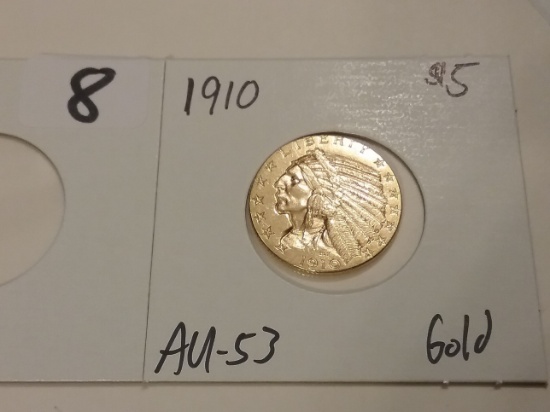 GOLD 1910 $5 Half Eagle in AU-53