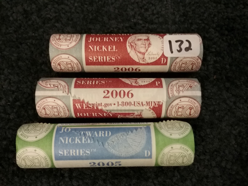 Three Brilliant Uncirculated Mint Wrapped nickel rolls