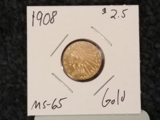 Stunning 1908 $2.5 GOLD Quarter Eagle in MS-65