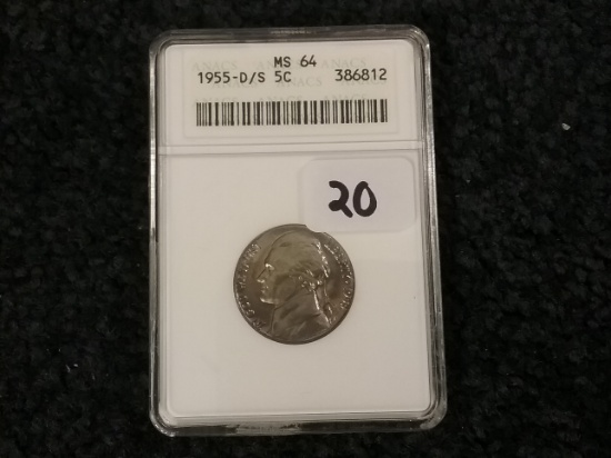 ANACS 1955-D/S Jefferson Nickel MS-64 Variety Coin