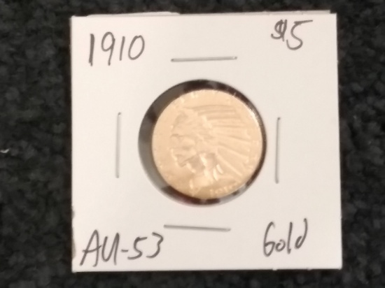 1910 Gold Half-Eagle $5 in AU-53