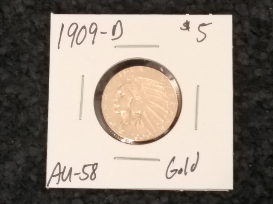 1909-D GOLD half-eagle in AU-58