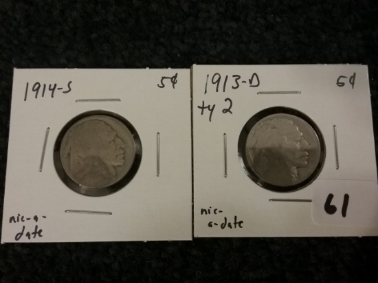 KEY DATE 1913-D Type 2 and 1914-S Buffalo Nickels