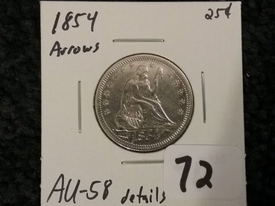 1854 Seated Liberty Quarter in About Uncirculated 58-details
