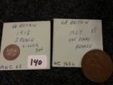 Great Britain 1918 silver 3 pence and 1927 penny