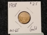 Stunning 1908 $2.5 GOLD Quarter Eagle in MS-65