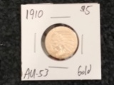 1910 Gold Half-Eagle $5 in AU-53