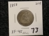 1858 Seated Liberty Quarter in XF-45 details