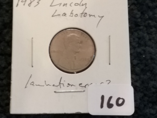 1983 Lincoln Cent with lamination error on head