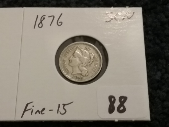 1876 3-Cent Nickel in Fine 15 condition