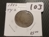 Variety coin 1886 Type 2 Indian cent in Good-06