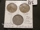 1953-D Wheat cent showing all 3 different mint mark locations