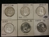 Six Silver Brilliant Uncirculated Franklin Half Dollars