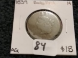 One year type 1839 Booby Head Large Cent