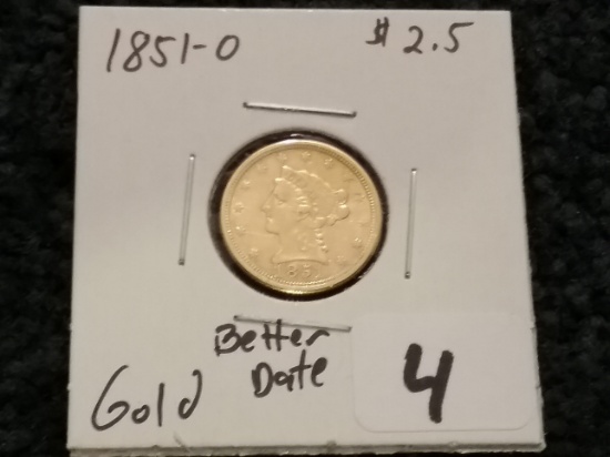 BETTER DATE GOLD 1851-O $2.5 Liberty Quarter Eagle in AU-details