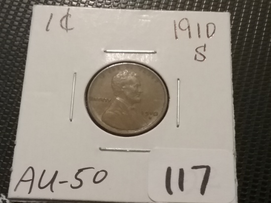 1910-S Wheat Cent in About Uncirculated 50