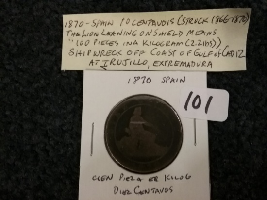 1870 Spain Shipwreck coin 10 centavos