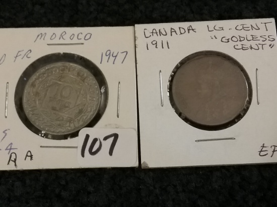 Rare "Godless" 1911 Canada Cent and Morocco 1947 10 Fr
