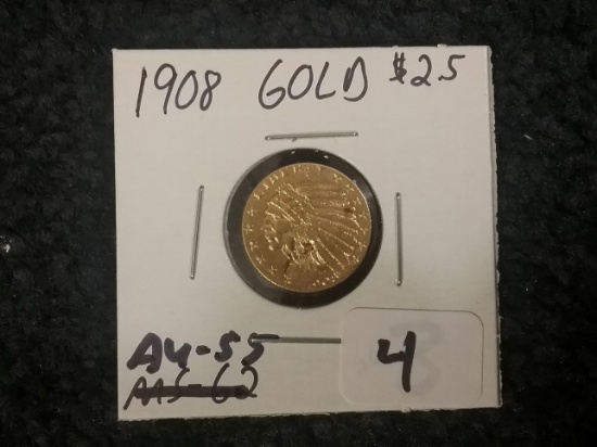 GOLD 1908 Incuse Indian Quarter-Eagle $2.5 GOLD. AU-55
