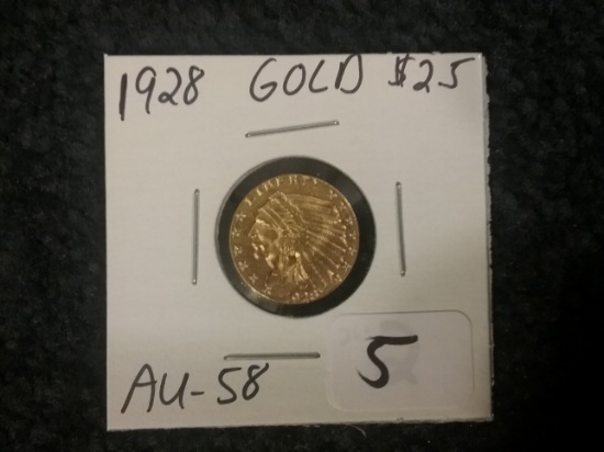 GOLD 1928 Incuse Indian Quarter-Eagle $2.5 GOLD. AU-58