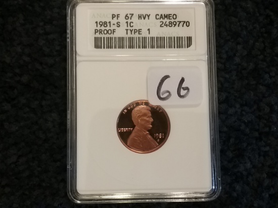 Old ANACS Holder 1981-S Type 1 Cent PF 67 Heavy Cameo