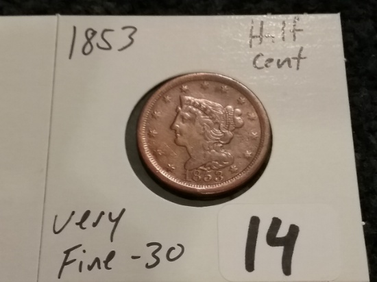 1853 Braided Hair Half Cent in Very Fine 30 condition