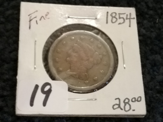 1854 Braided Hair Large Cent in Fine condition
