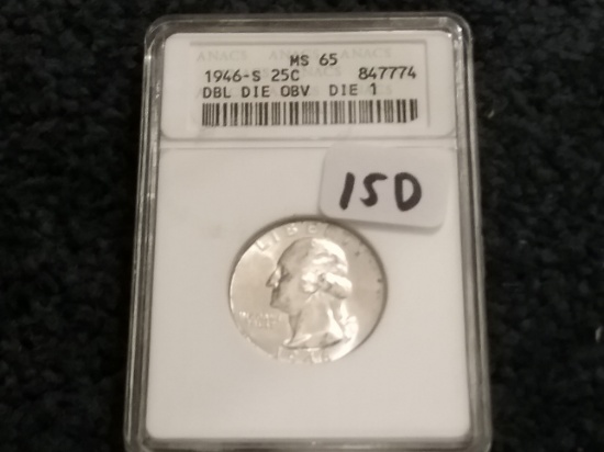 VARIETY COIN! ANACS 1946-S Quarter MS-65 DDO