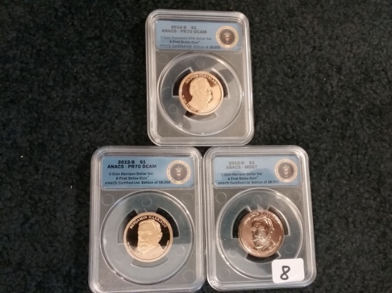 ANACS Two proof 70 DCAM and one MS-67 Presidential Dollars