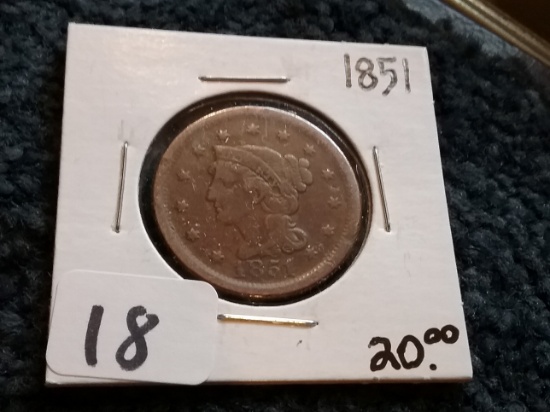 1851 Braided Hair Large Cent in Very Good plus