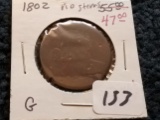 Tough 1802 Draped Bust Large cent no stems variety