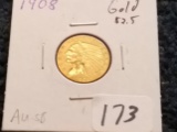 GOLD! 1908 Indian $2.5 Quarter Eagle in AU-58
