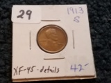 Semi-Key date 1913-S Wheat cent in Extra-Fine 45 details