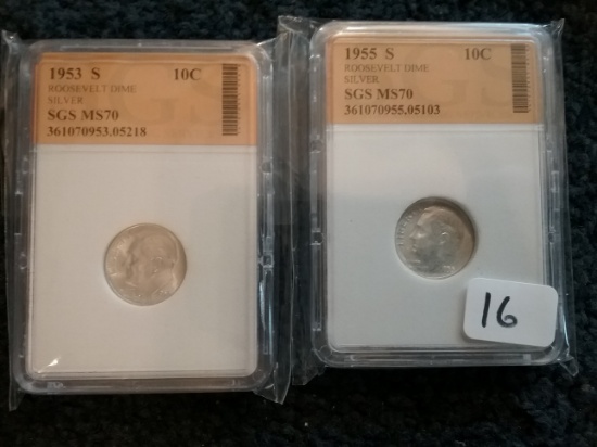 1953-S and 1955-S Roosevelt Dimes SGS MS-70