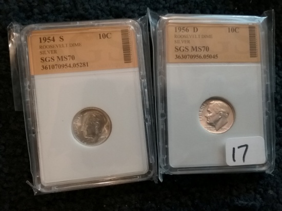 1954-S and 1956-D Roosevelt Dimes SGS MS-70