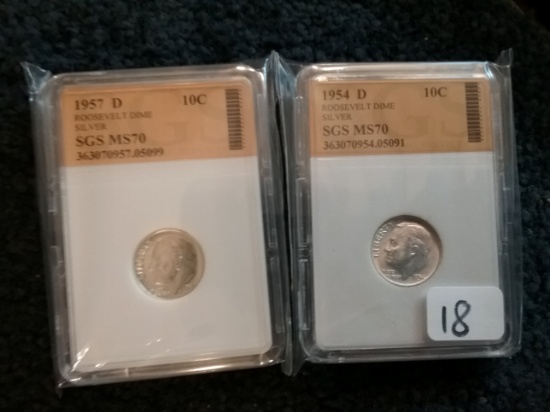 1957-D and 1954-D Roosevelt Dimes SGS MS-70