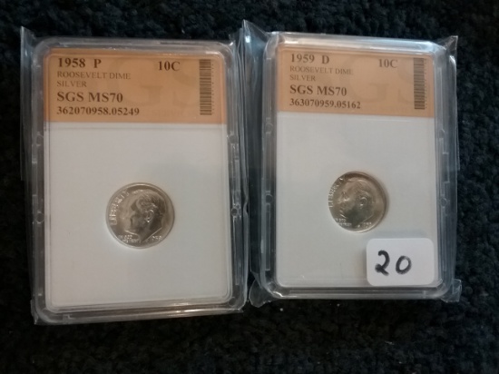 1958 and 1959-D Roosevelt Dimes SGS MS-70