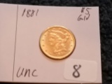 GOLD! 1881 Liberty $5 Dollar Uncirculated