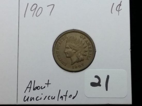 1907 Indian Cent in About Uncirculated condition