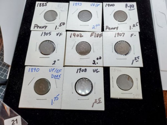 Group of nine nicer Indian Head Cents