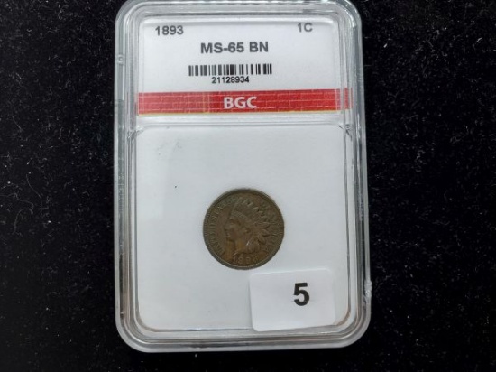 Slabbed 1893 Indian cent in MS-65 Brown